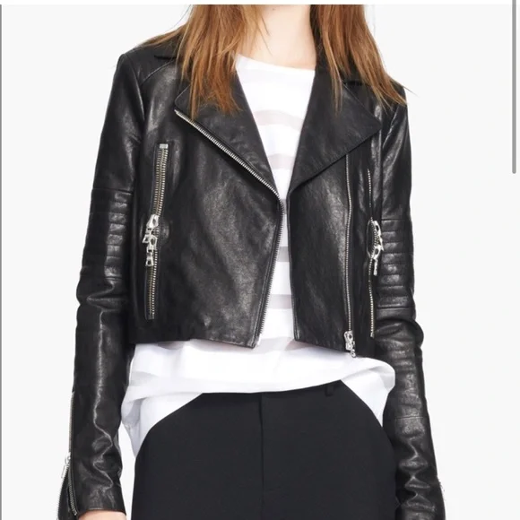 J Brand Brand Aiah Black Lambskin Black Leather Moto Cropped Jacket M
